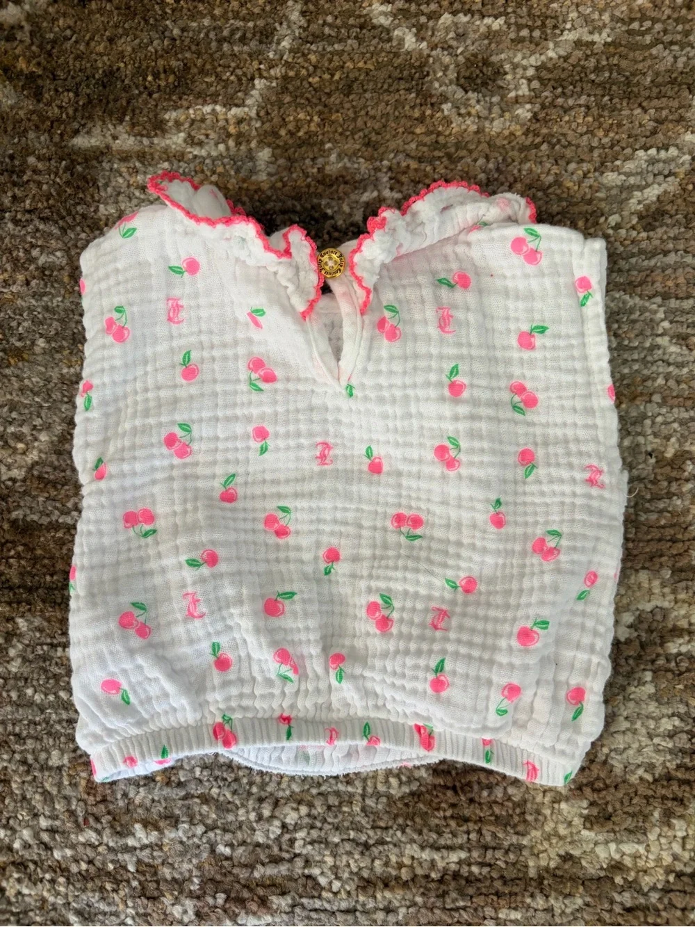 Juicy Couture White Baby Top with Pink Trim and Cherry Print
